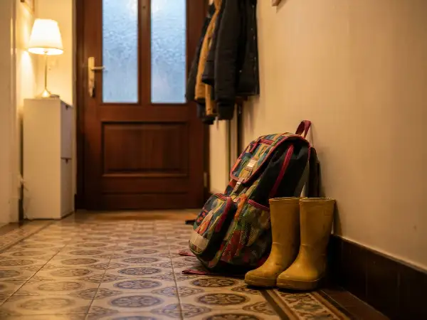 Kinderlaarzen en een schooltas bij de voordeur van een rijwoning