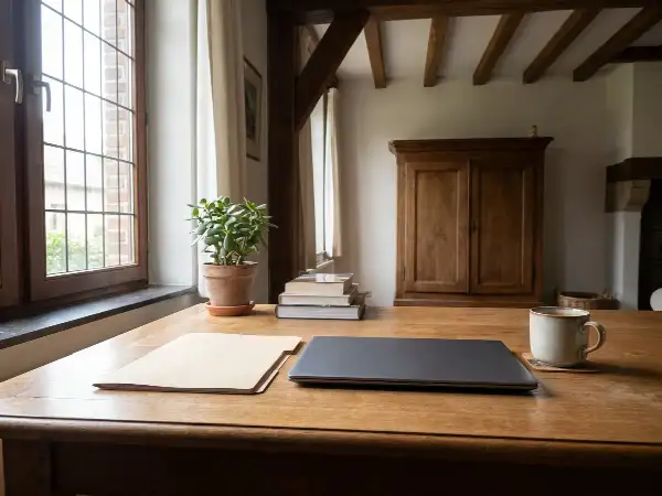 Bureau thuis met een map en een gesloten laptop in het ochtendlicht