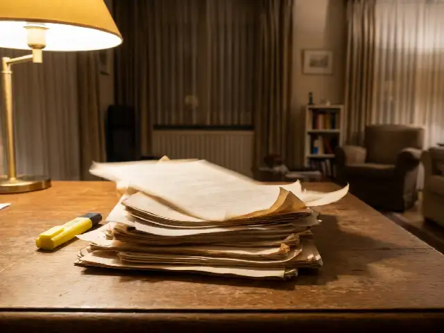 Stapel documenten met een markeerstift onder een bureaulamp